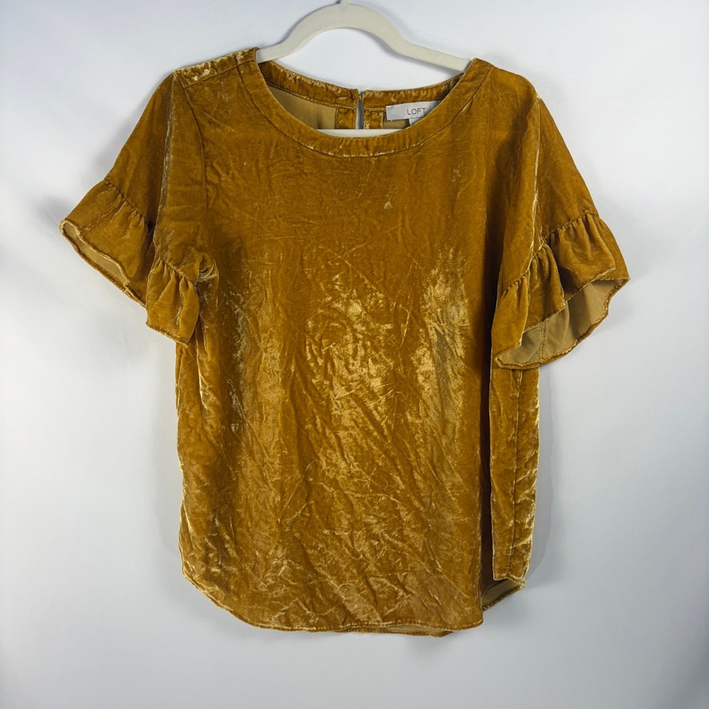 LOFT‎ Velvet Top Size M Mustard Gold Ruffle Sleeve Blouse Casual Elegant